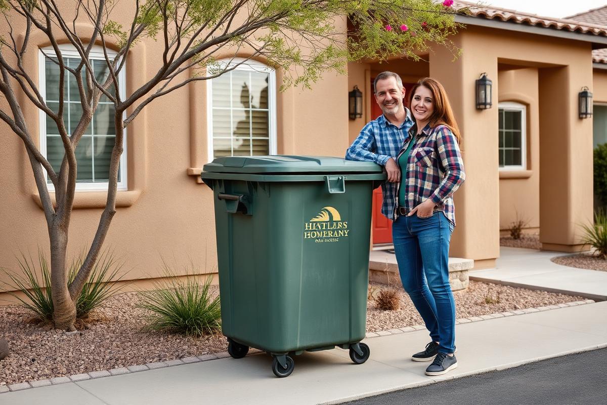 Homeowners beside a rented dumpster at a Southwest style home